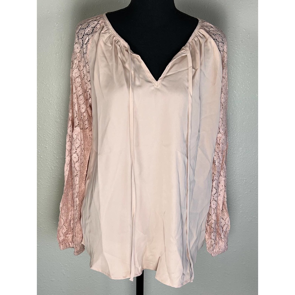 WOMEN'S SEXY ROUND TIE NECK LACE SLEEVES LOOSE BLOUSE COLOR PINK NWOT Size L - Picture 4 of 8